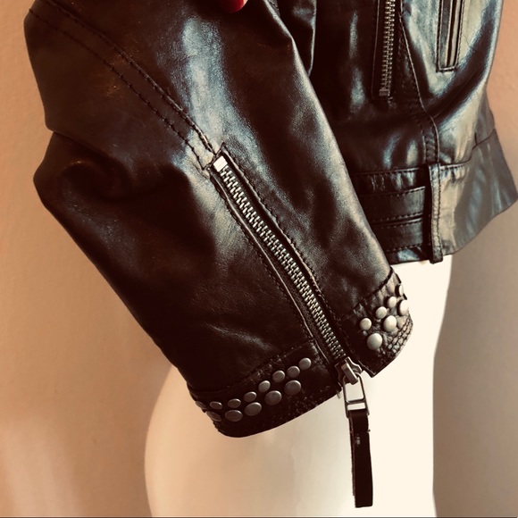 Studded Dark Brown Leather Moto Jacket by Mango-Sz S-EUC - Picture 6 of 8